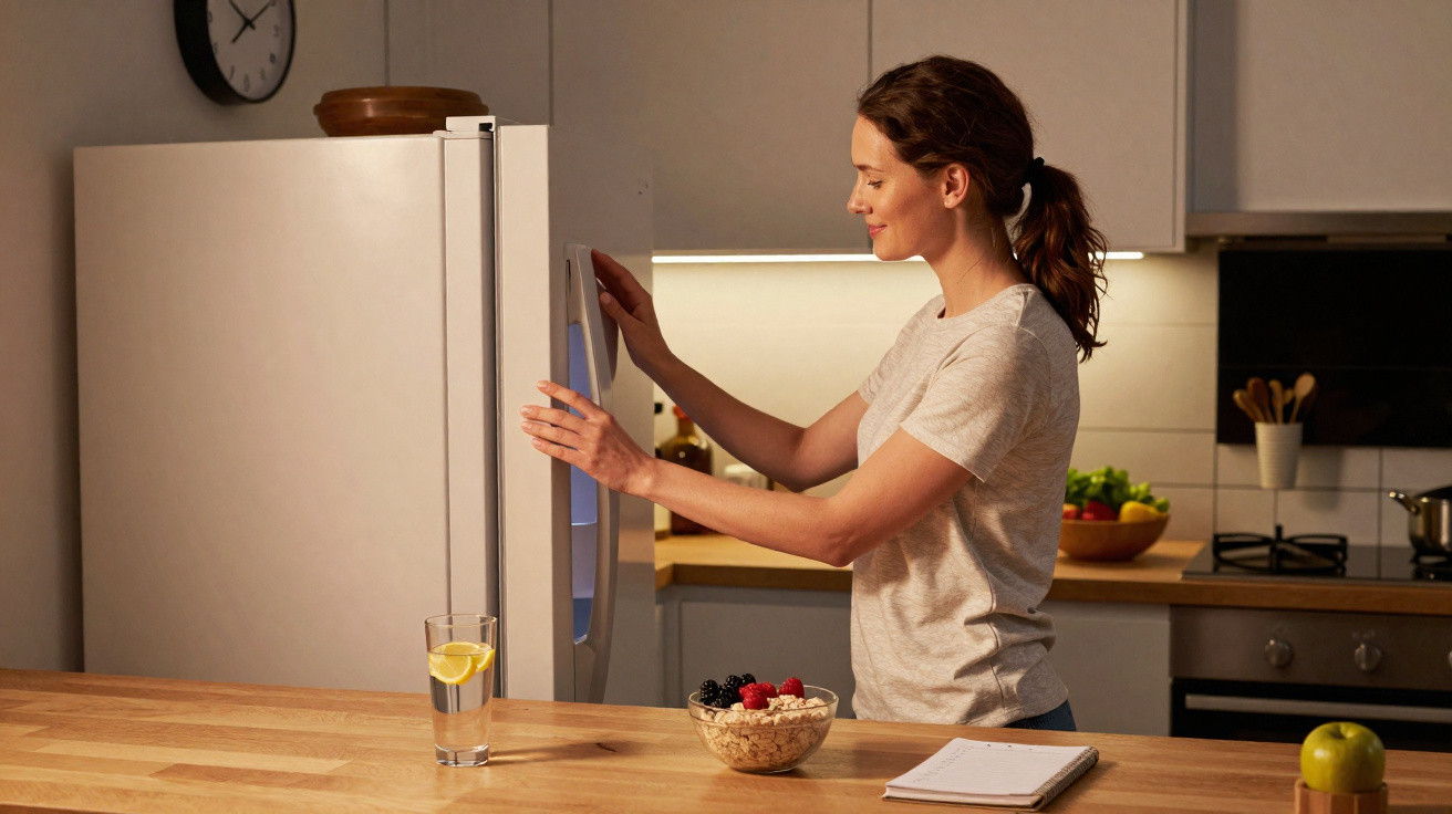 Frau öffnet Kühlschrank in moderner Küche, auf Arbeitsfläche Müsli, Glas Wasser und Notizbuch.