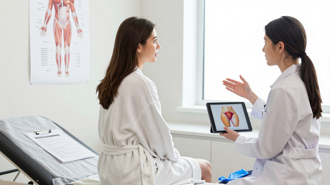 Ärztin erklärt Patientin im weißen Bademantel muskuläre Problematik anhand eines Tablet-Bildes im Untersuchungsraum.