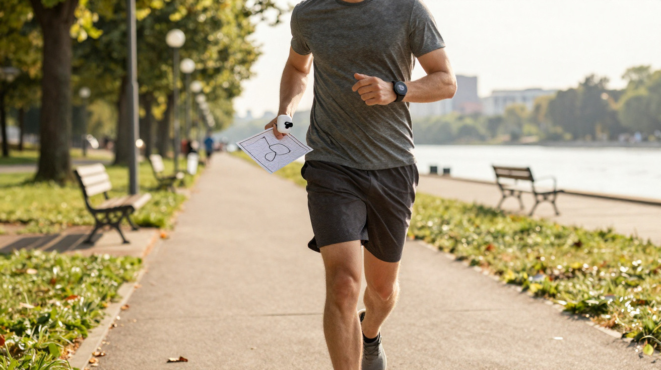 Mann joggt bei sonnigem Wetter im Park am Wasser und hält Karte mit Kompass in der Hand.