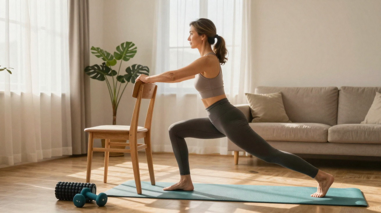Frau macht Dehnübungen mit Stuhl auf Yoga-Matte in hellem Wohnzimmer.