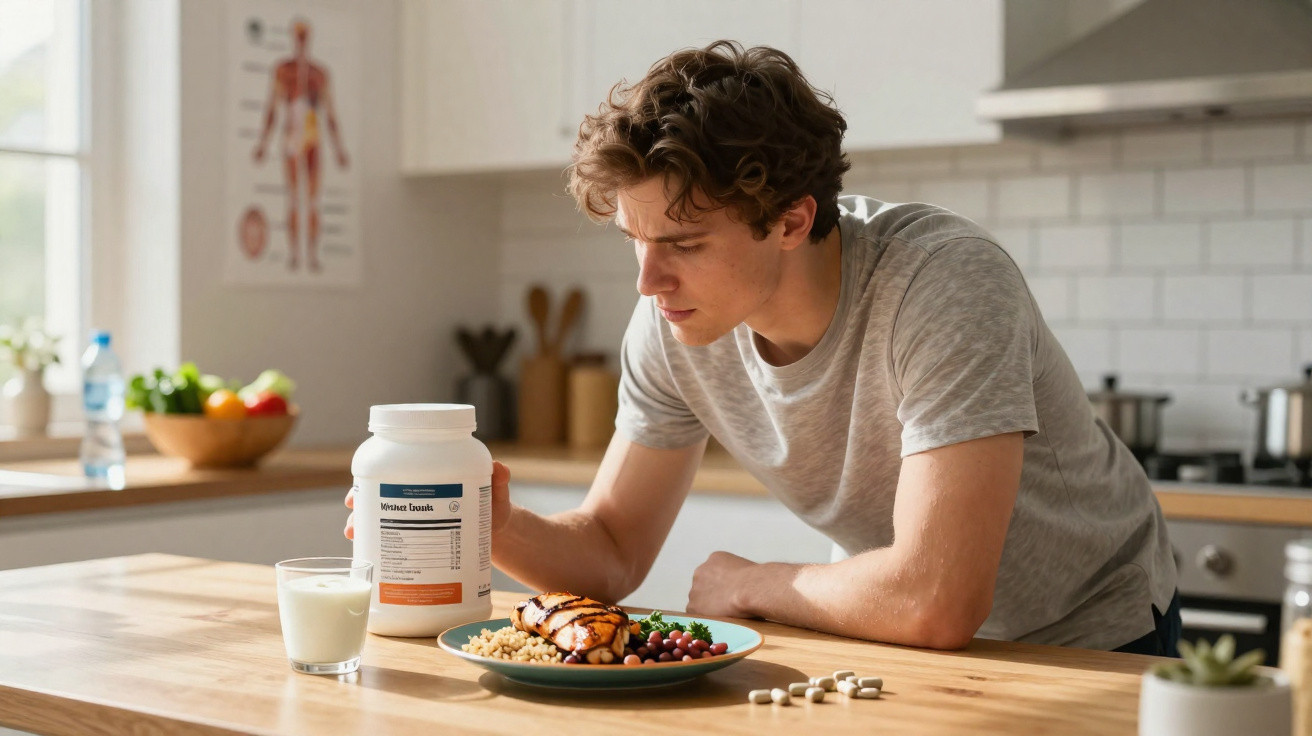 Junger Mann in der Küche liest Nährwertangaben auf Proteinpulver neben gesundem Essen und Milch.