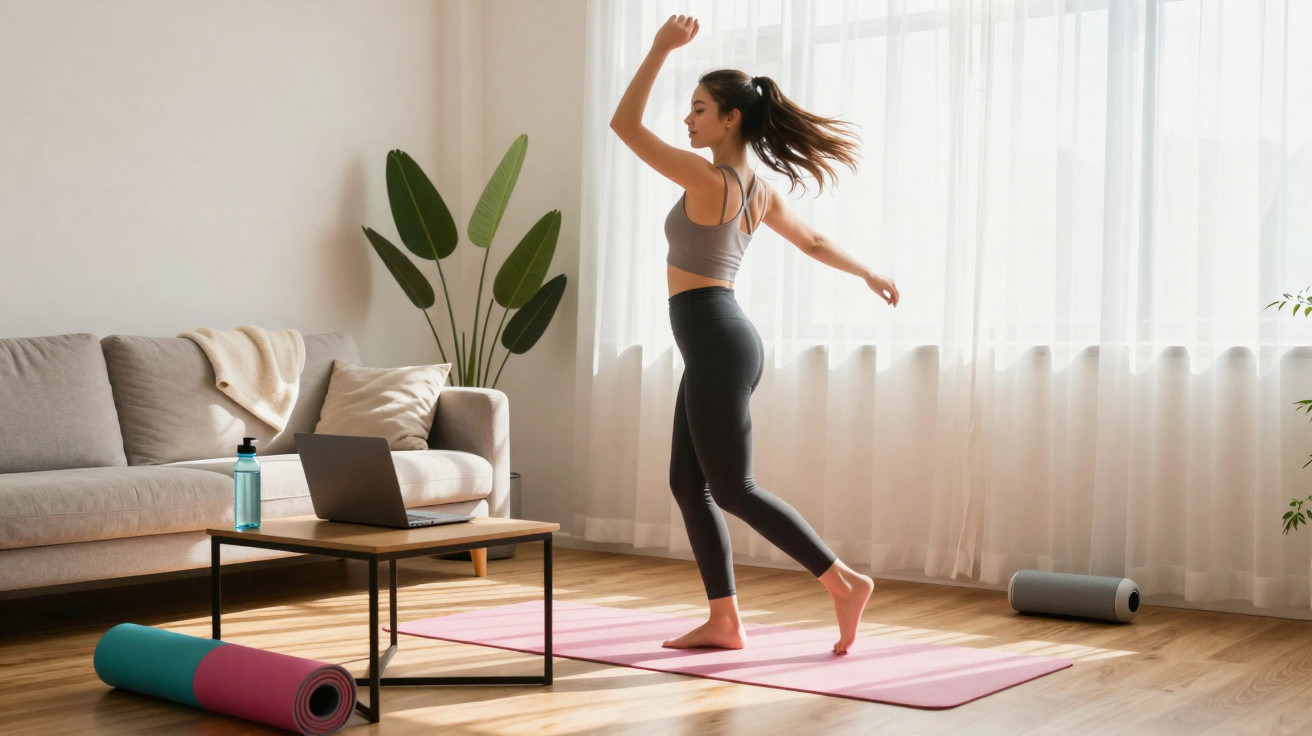 Frau in Sportkleidung macht Yoga auf Matte im hellen Wohnzimmer neben Sofa und Laptop.