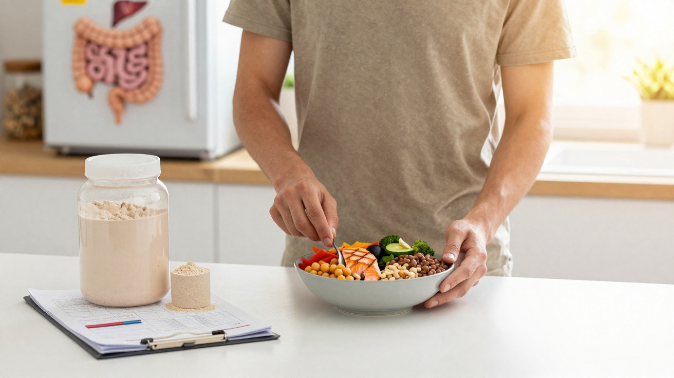 Person bereitet eine Schüssel mit proteinreichen Lebensmitteln wie Lachs, Kichererbsen und Gemüse zu.