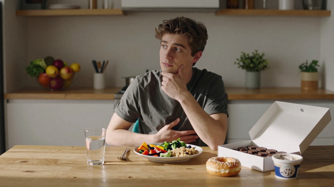 Nachdenklicher junger Mann sitzt am Tisch mit gesunder Mahlzeit, Schokolade, Donut und Wasser in moderner Küche.