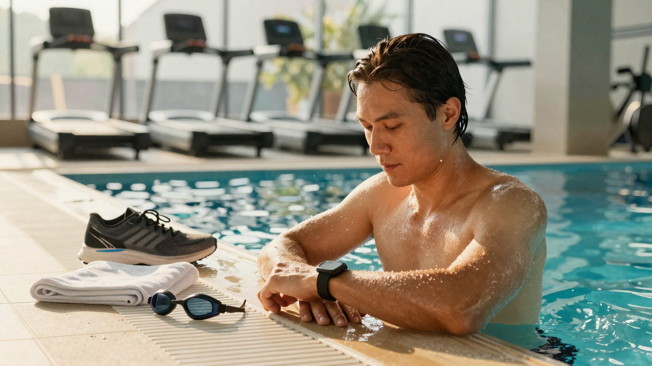 Junger Mann im Schwimmbad überprüft seine Smartwatch am Beckenrand neben Schwimmbrille, Handtuch und Schuhen.